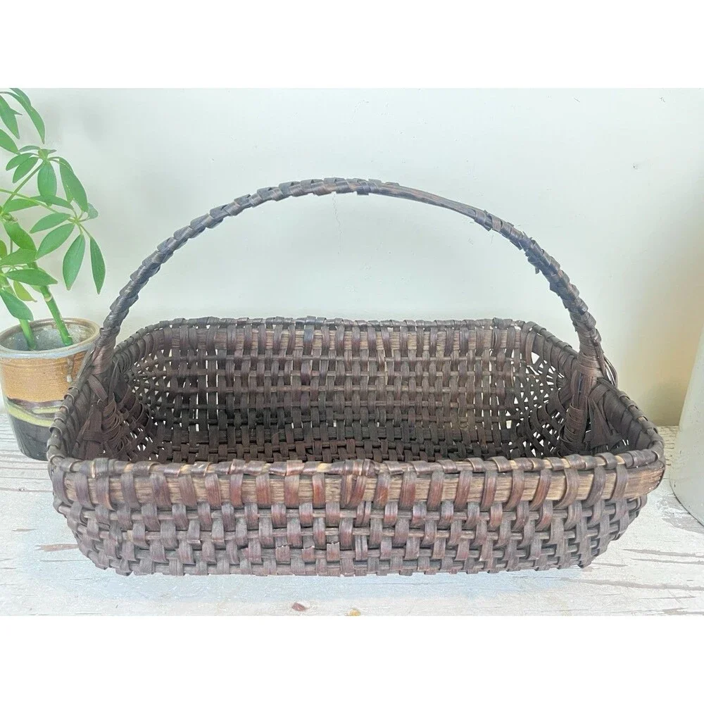 Antique Primitive Gathering Basket Dark Brown Woven Wicker Rectangular Rustic